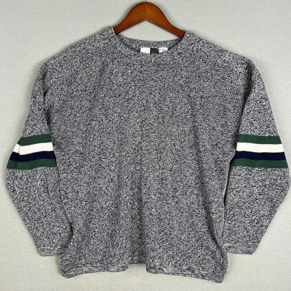 VTG Marled Gray Raglan Sweater XL Boxy Baggy Knit Striped Arms Cotton Ramie